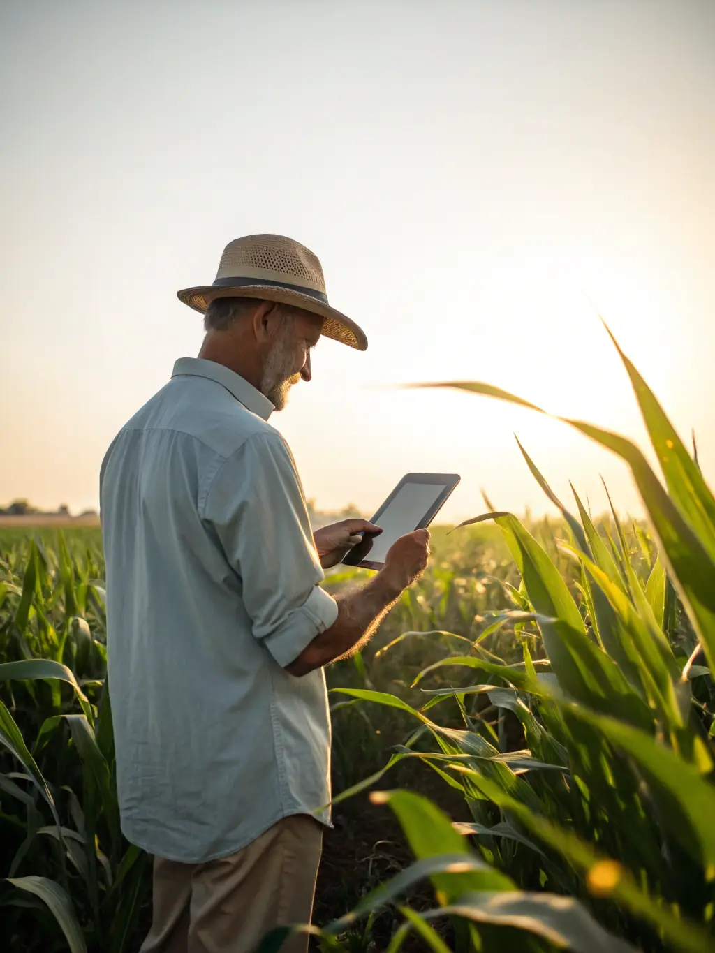 An image of a farmer using a tablet to view AI-generated insights about their livestock, improving animal welfare and productivity.