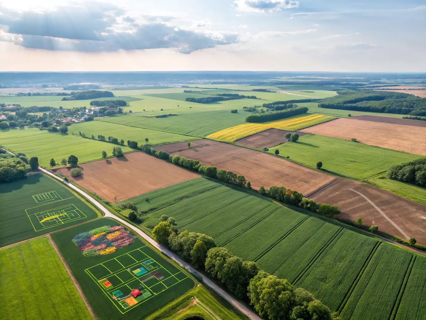A visual representation of AI algorithms analyzing crop health using aerial imagery, highlighting the precision and efficiency of AI in agriculture.