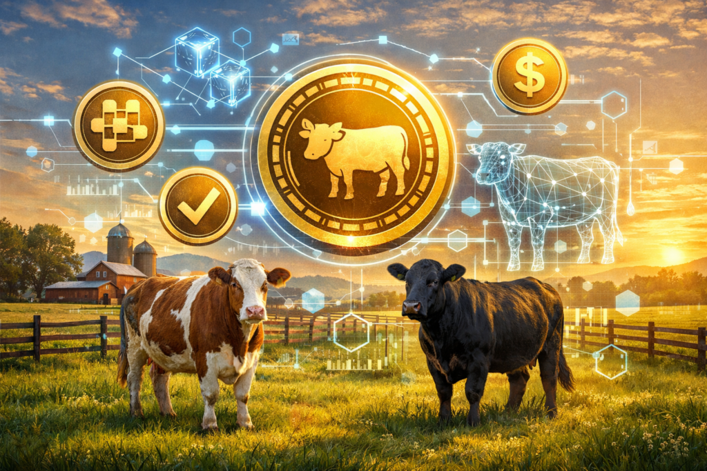 Illustration of cattle in a field with blockchain coin icons and AI overlay representing tokenized livestock finance