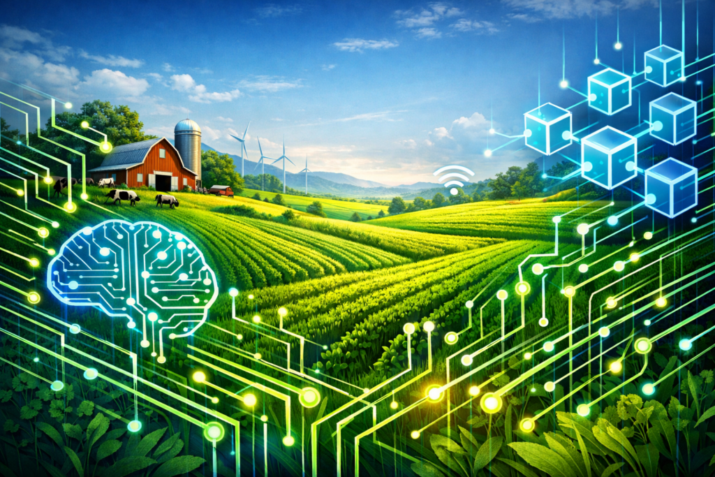 Illustration of a farm with circuit lines overlay representing AI and blockchain verification.