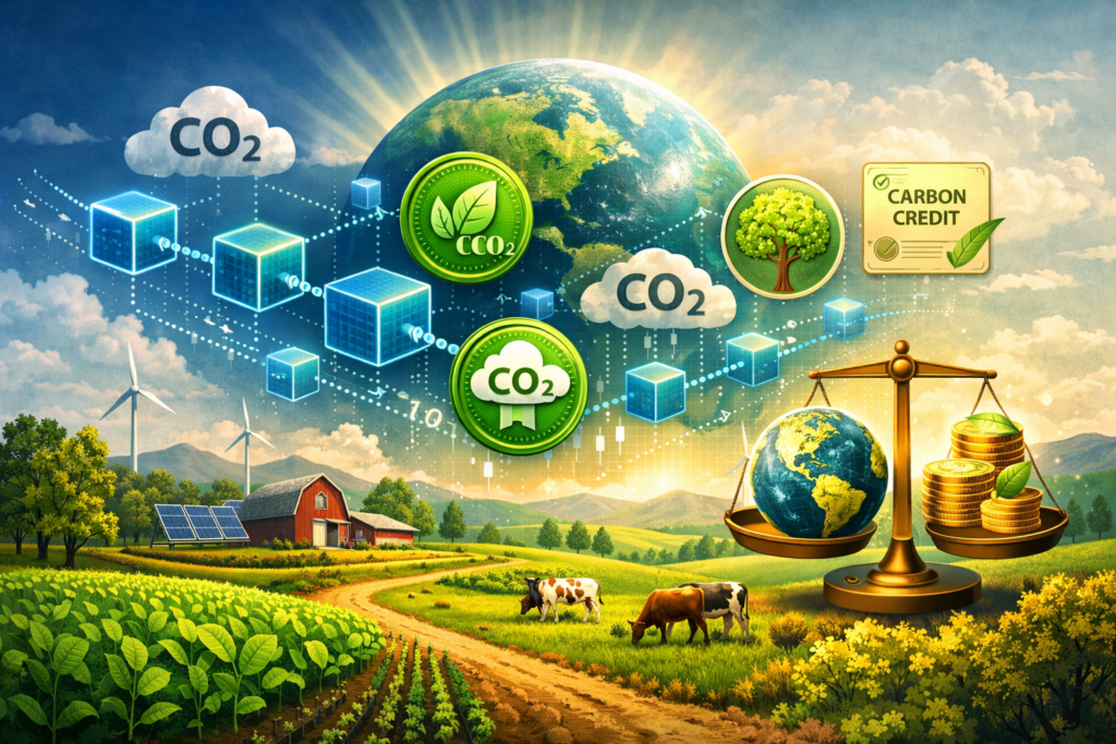Illustration of sustainable farm with blockchain carbon credit tokens and climate impact