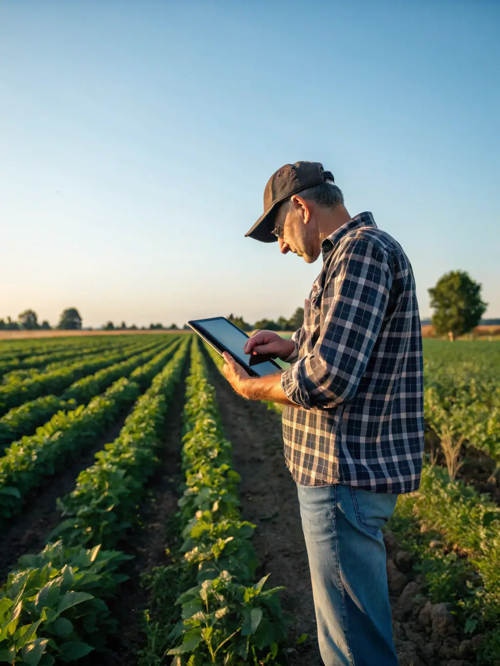 A farmer smiling confidently while reviewing financial reports on a tablet in a sunlit field, showcasing improved financial oversight.