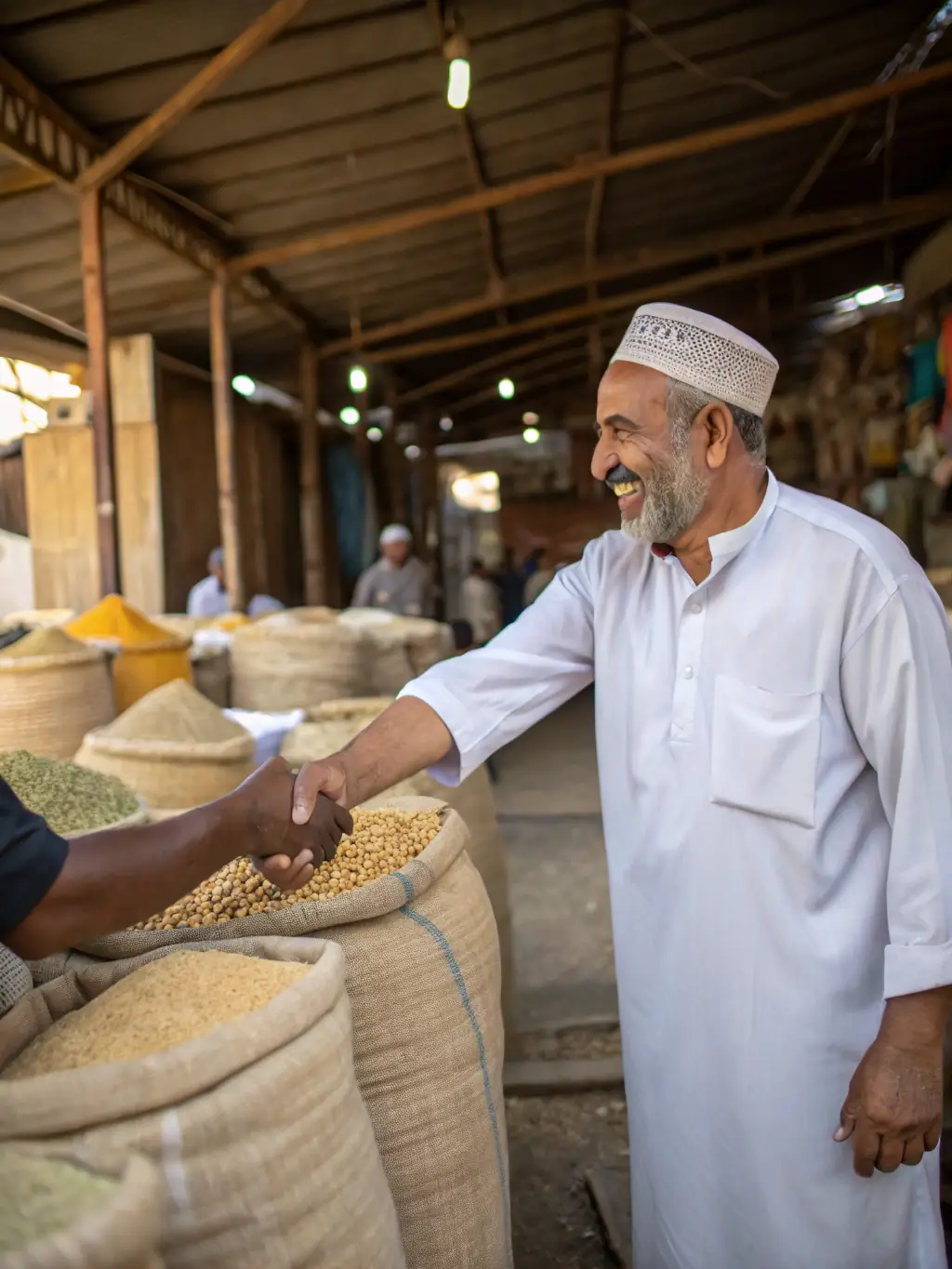 A farmer shaking hands with a financial advisor in front of a thriving farm, representing the partnership and support offered by 'PAY IN TIME'.